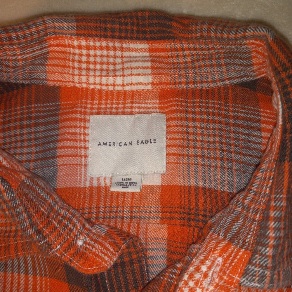 American Eagle Orange Flannel Shirt Men's LARGE Plaid